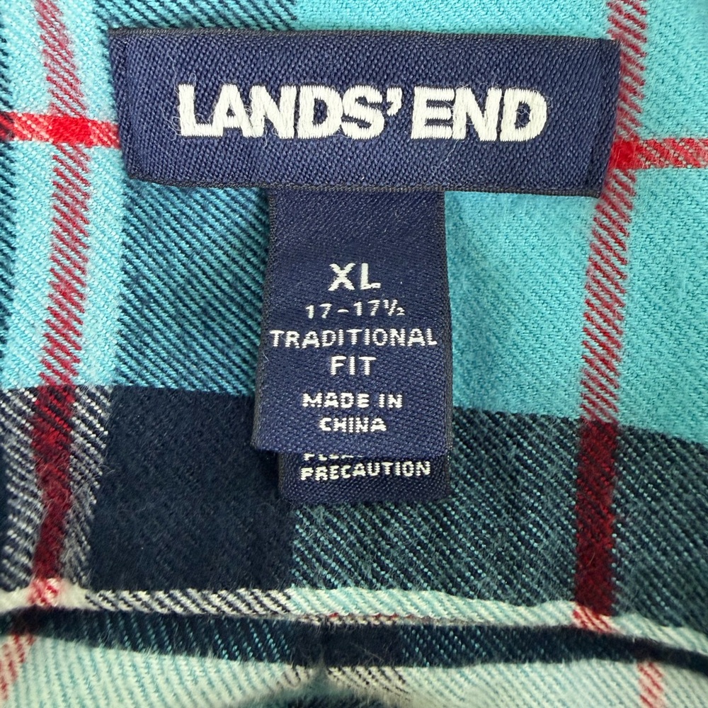 Lands End Flannel Shirt Button Down Men's  XL Paid Blue Heavy Weight 17.5 Neck - Picture 6 of 7